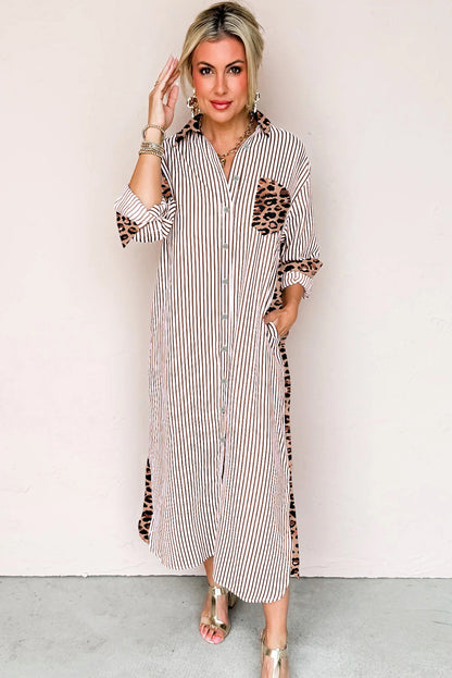 Brown Stripe Contrast Leopard Patchwork Long Shirt Dress with Slits
