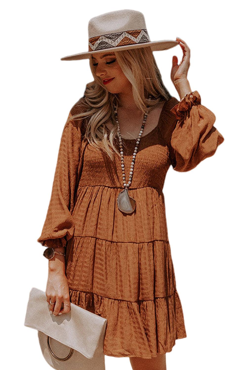 Brown Bishop Sleeve Smocked Tiered Mini Dress - L & M Kee, LLC