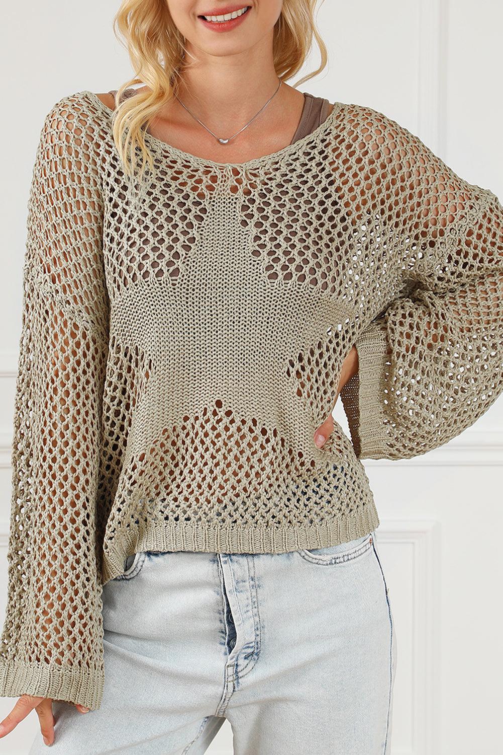 Light French Beige Star Pointelle Knit Baggy Sweater - L & M Kee, LLC