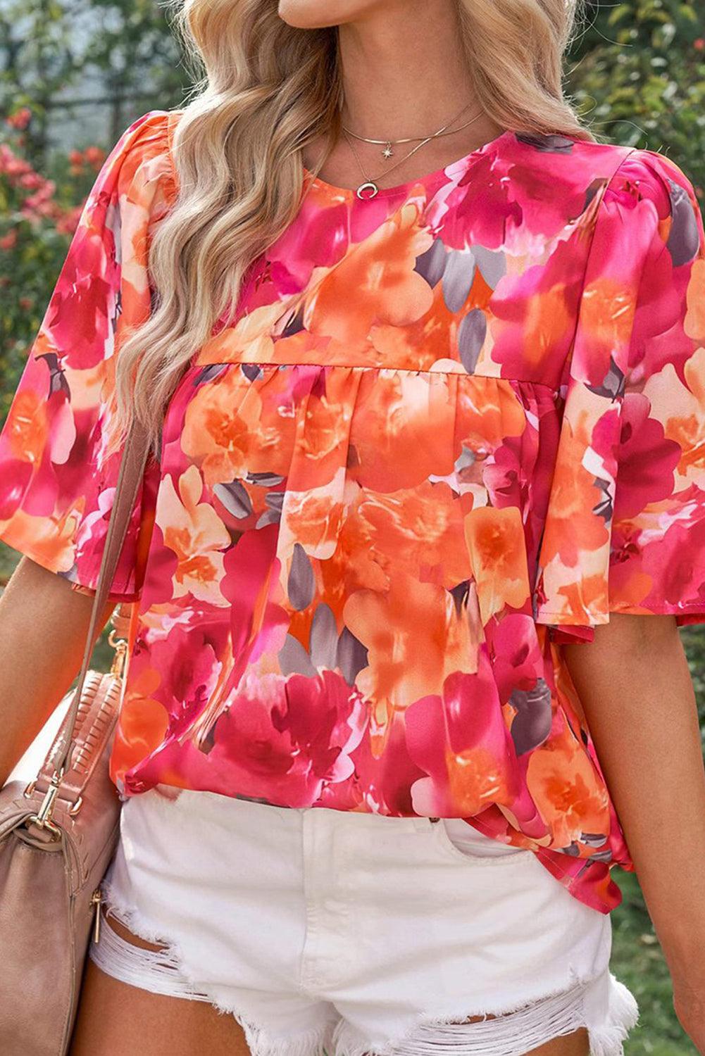 Floral Print Wide Sleeve Blouse - L & M Kee, LLC