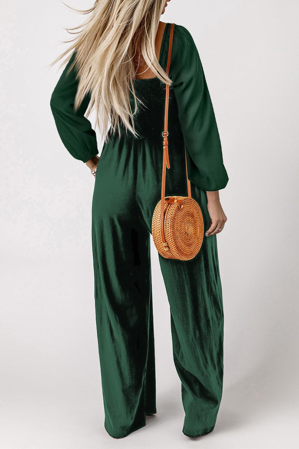 Green Smocked Square Neck Long Sleeve Wide Leg Jumpsuit - L & M Kee, LLC