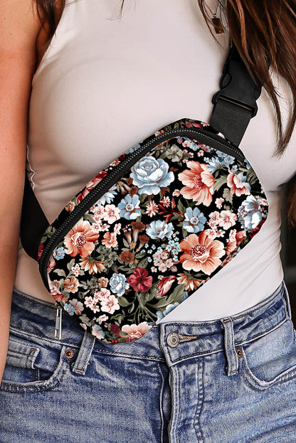 Black Floral Print Zipper Wide Strap Sling Bag