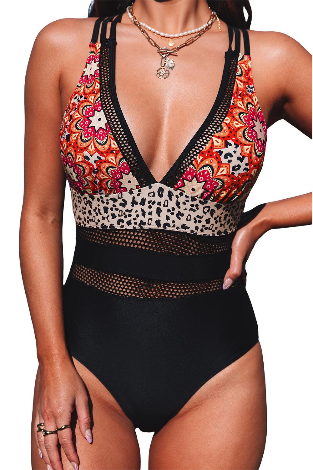 Floral Splicing Leopard Print Color Block Mesh One Piece Swimsuit - L & M Kee, LLC