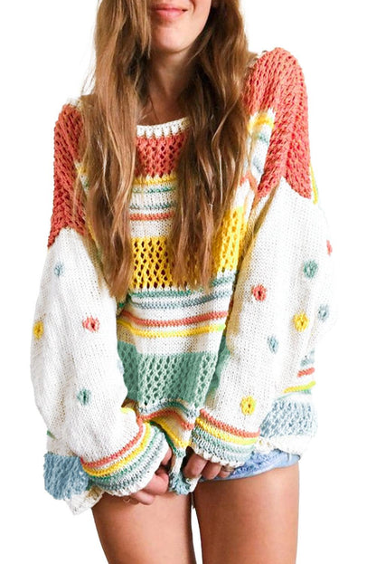 Multicolor Hollow Striped Knit Contrast Sleeve Sweater - L & M Kee, LLC