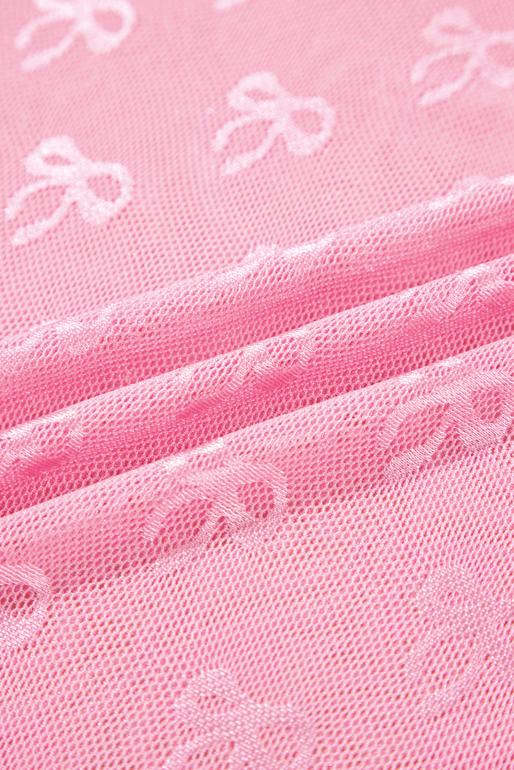 Pink Plus Size Bow Embroidered Mesh Long Sleeve Top