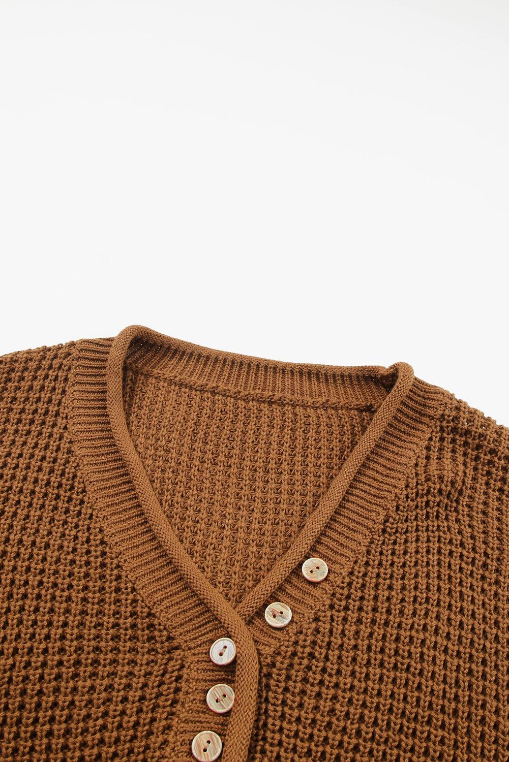 Coffee Pointelle Knit Button V Neck Drop Shoulder Sweater - L & M Kee, LLC