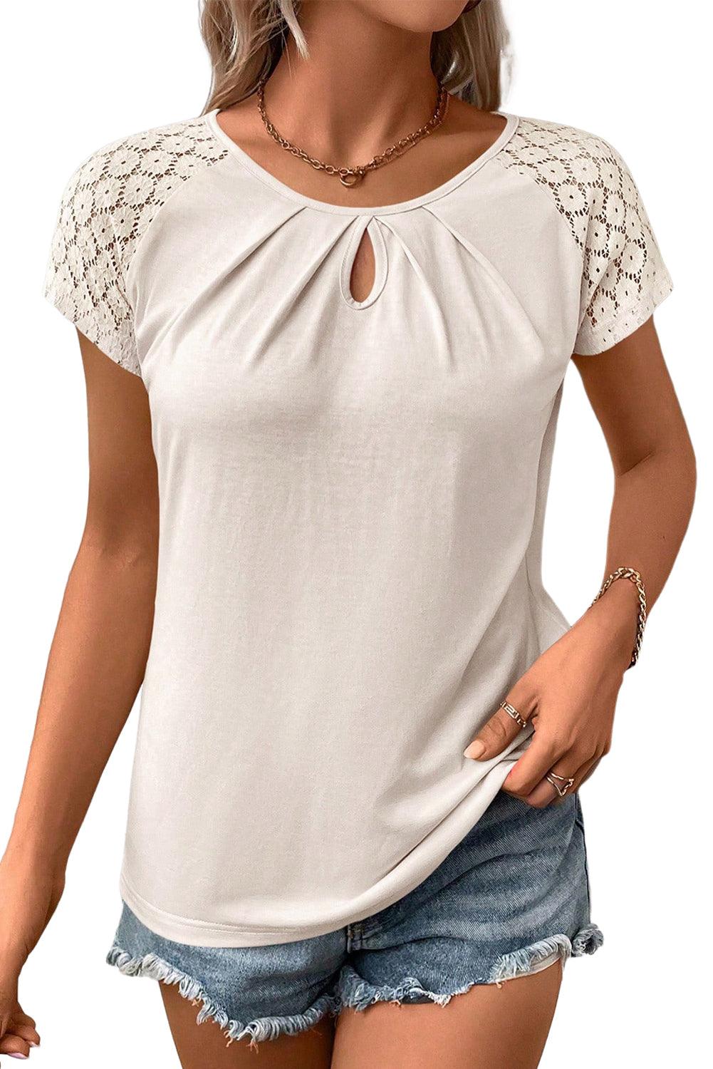 White Contrast Lace Sleeve Keyhole Decor Top - L & M Kee, LLC