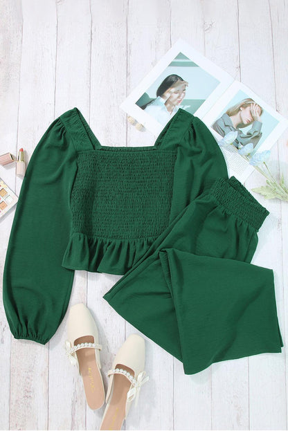 Green Square Neck Smocked Peplum Top and Pants Set - L & M Kee, LLC