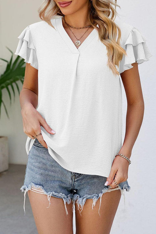 White V Neck Ruffle Short Sleeve Blouse - L & M Kee, LLC