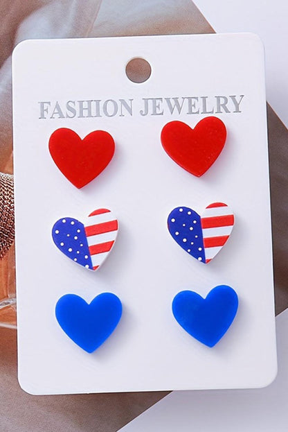 Fiery Red American Flag Print Heart Shape Stud Earrings Set - L & M Kee, LLC