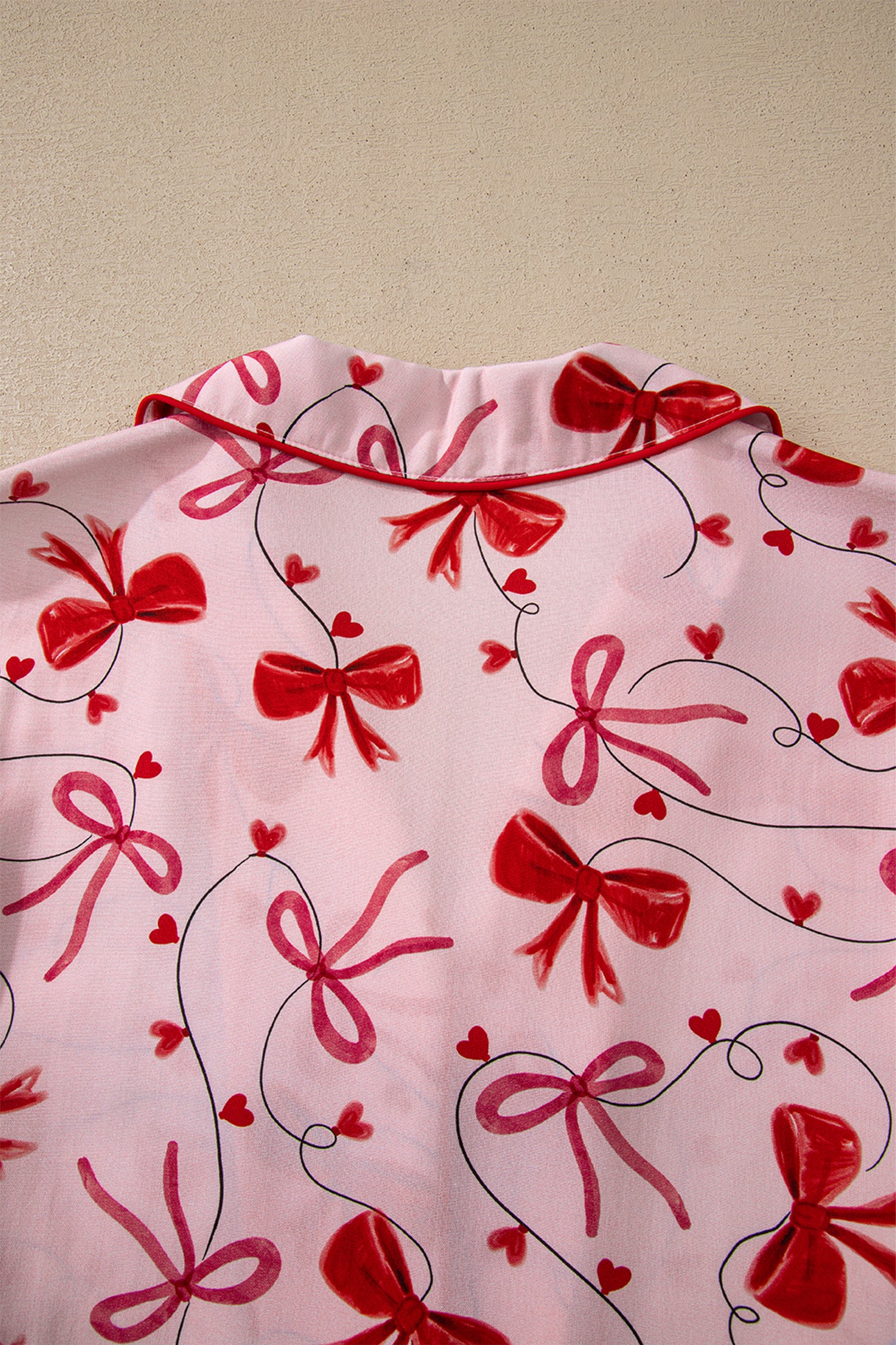 Red Bow Print Valentine Long Sleeve Shirt Shorts 2 Pcs Pajama Set