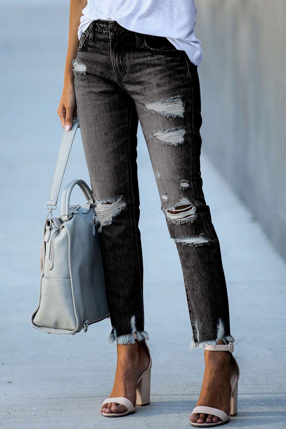 Light Blue Distressed Boyfriend Denim Pants - L & M Kee, LLC