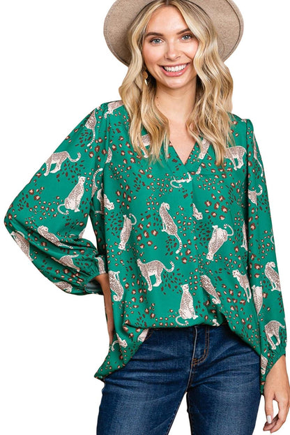 Green Printed Cheetah Print V Neck Flowy Blouse - L & M Kee, LLC