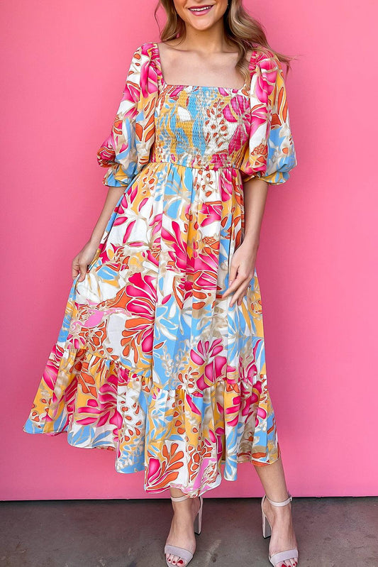 Rose Red Tropical Print Smocked Bodice Puff Sleeve Maxi Dress