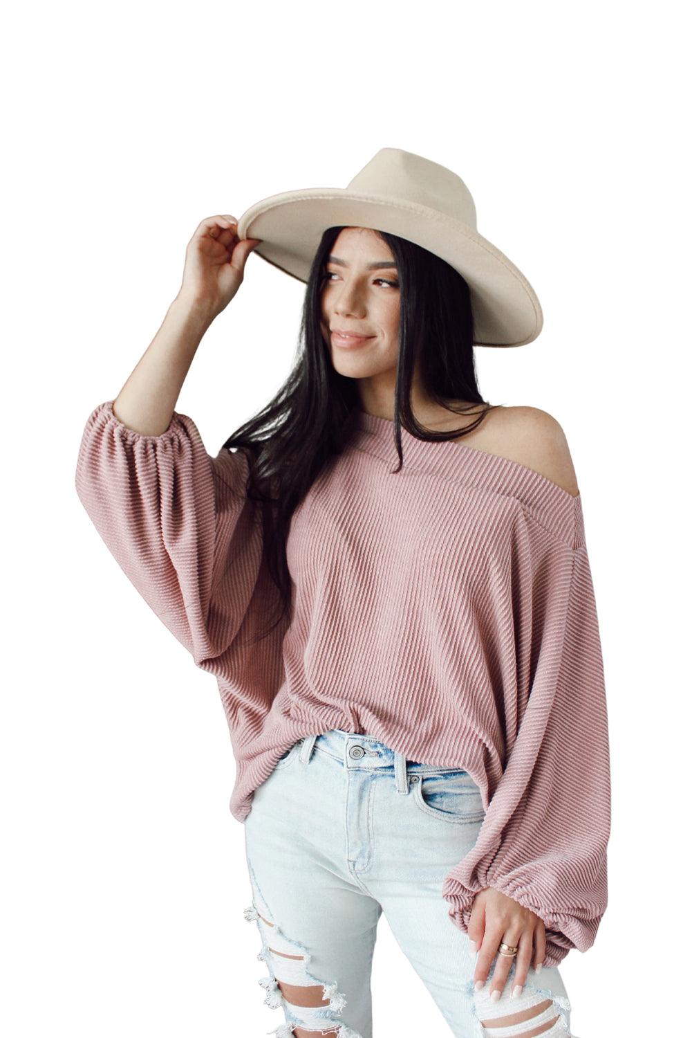 Pink One-Shoulder Balloon Sleeve Ribbed Blouse - L & M Kee, LLC