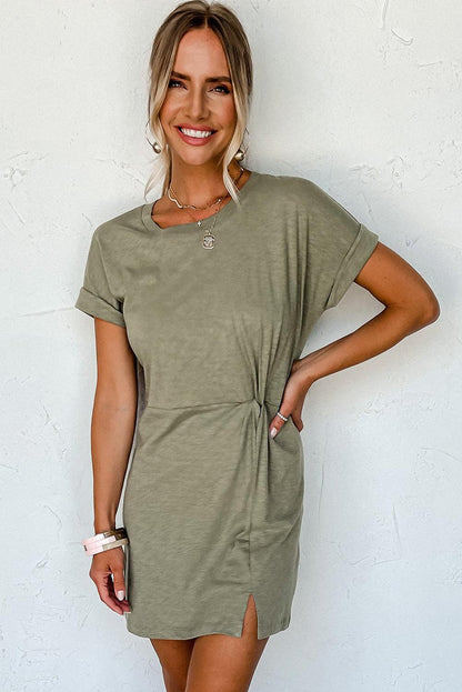 Laurel Green Folded Sleeve Twisted Mini T-Shirt Dress - L & M Kee, LLC