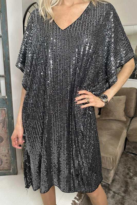 Dark Grey Sequin V Neck Dolman Sleeve Shift Dress - L & M Kee, LLC