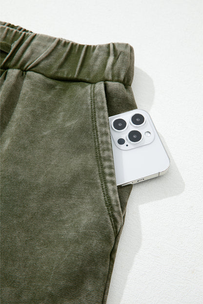 Vineyard Green Mineral Wash Tiered Wide Leg Patchwork Drawstring Pants