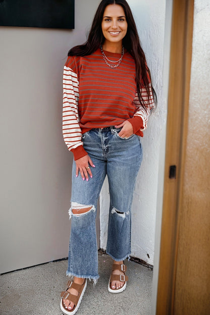 Orange Stripe Contrast Sleeve Patchwork Drop Shoulder Long Sleeve Sweatshirt