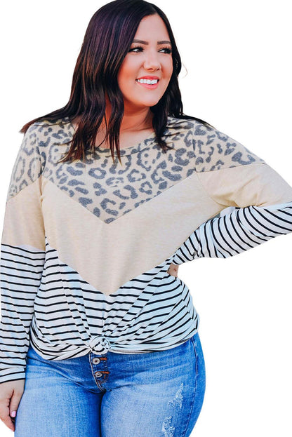 Multicolor Leopard Colorblock Striped Patchwork Plus Size Long Sleeve Tee - L & M Kee, LLC