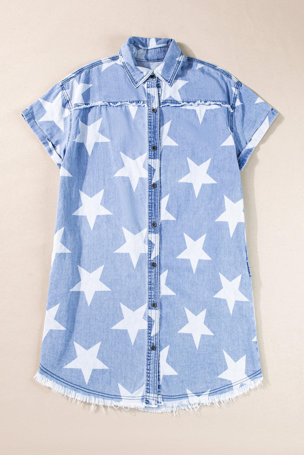 Sky Blue Stars Frayed Hem Collared Short Sleeve Denim Dress - L & M Kee, LLC