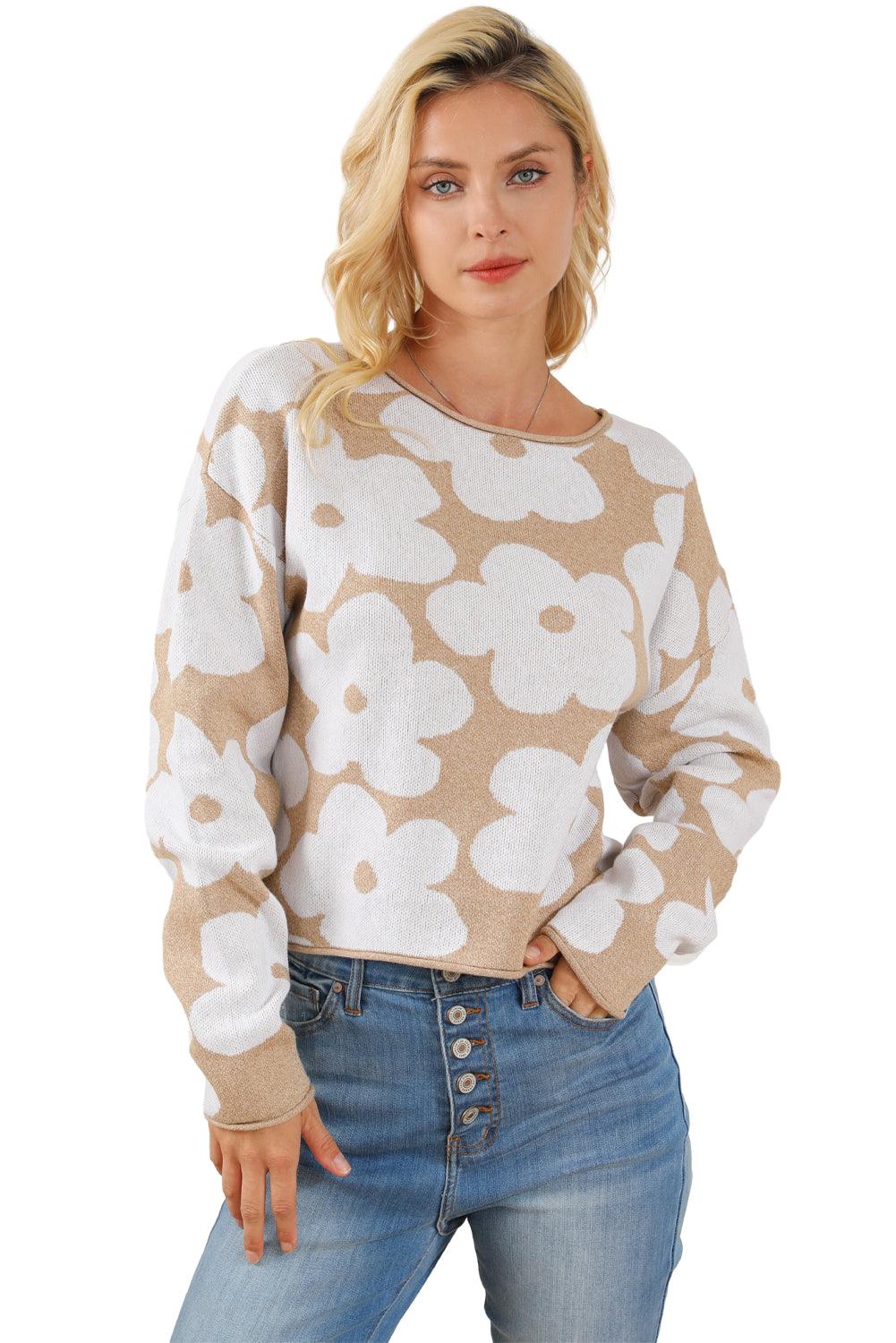 Light French Beige Flower Pattern Cropped Sweater - L & M Kee, LLC