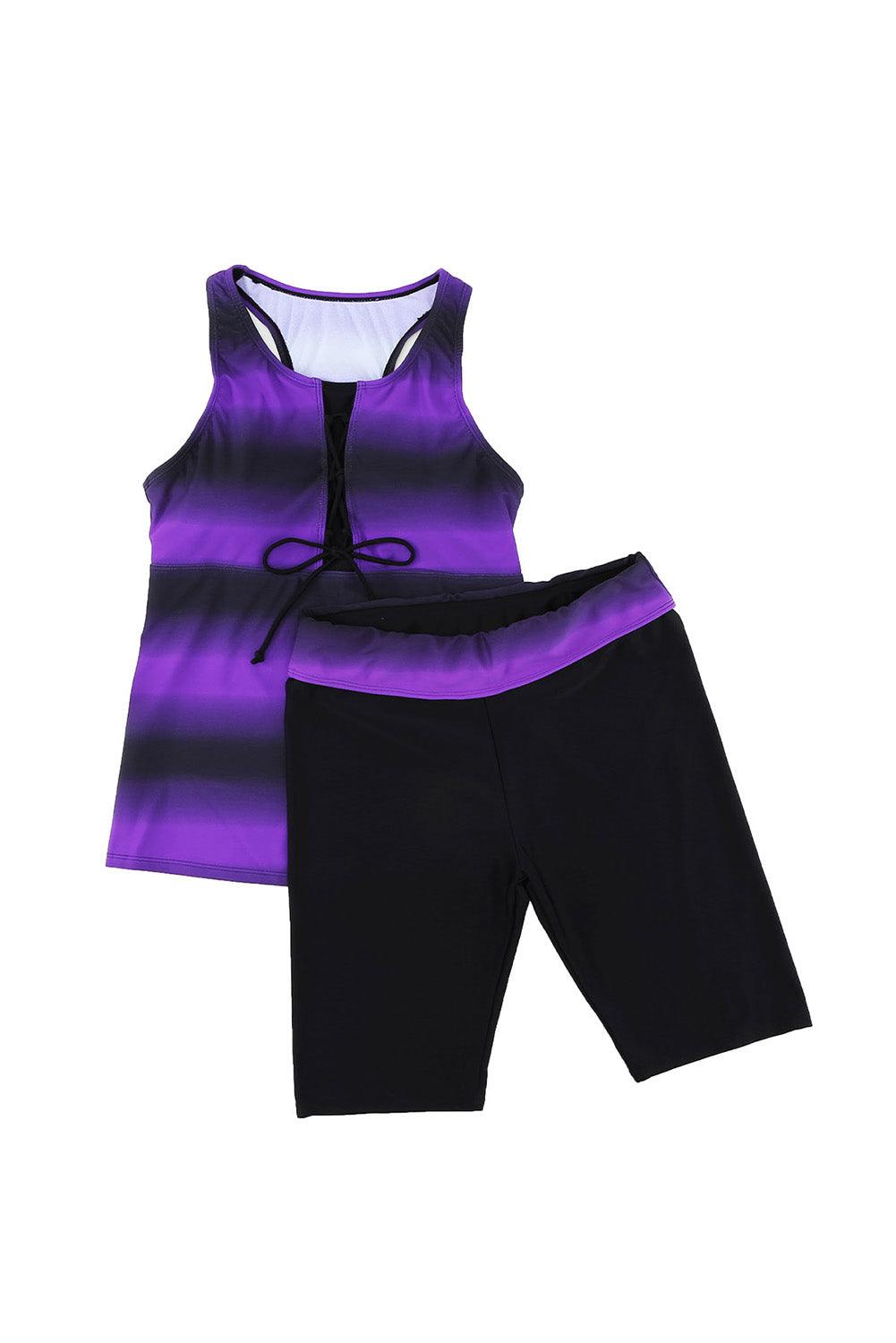 Stripe Floral Print Racerback Tankini Swimsuit - L & M Kee, LLC