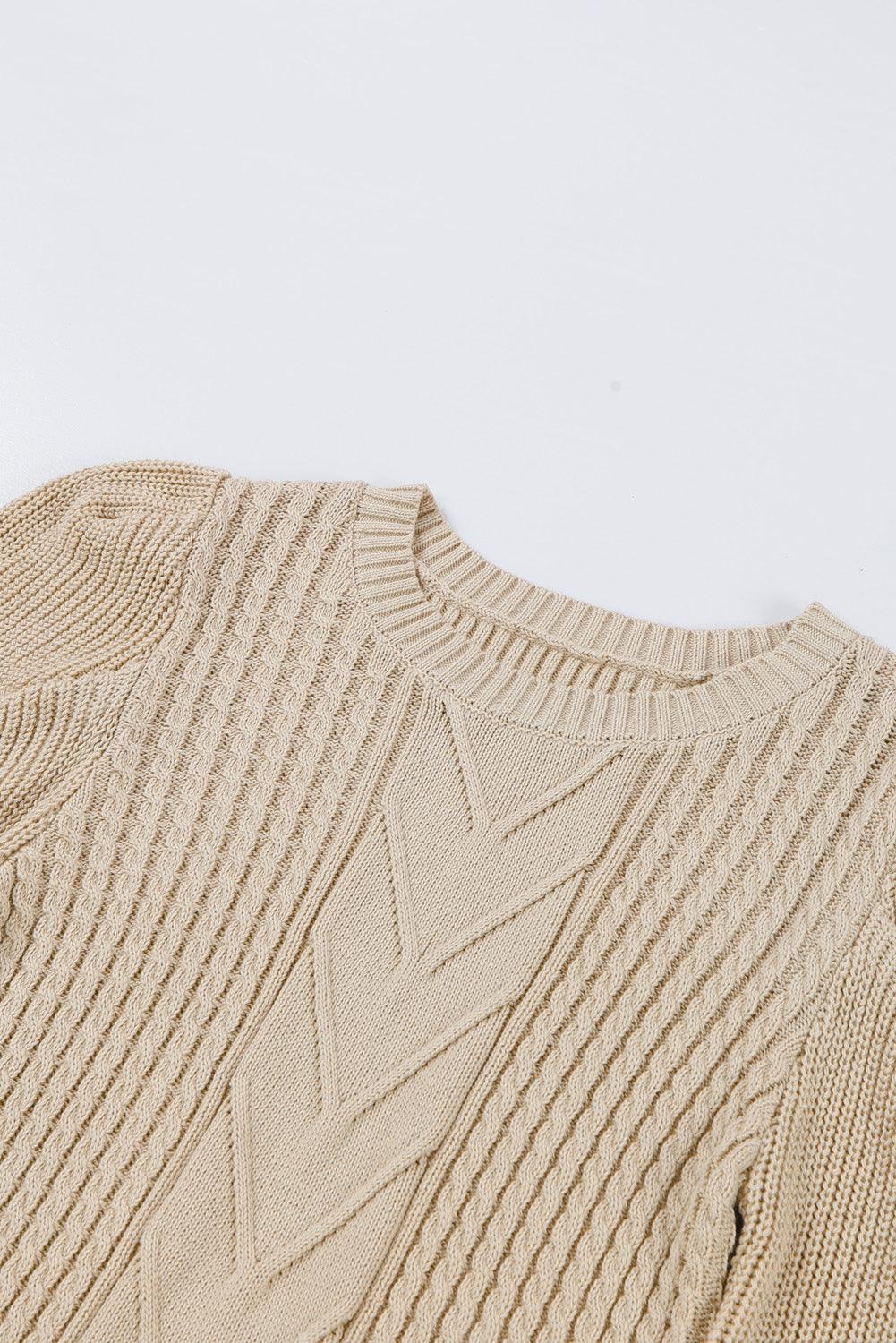 Apricot Cable Ribbed Knit Mix Pattern Puff Sleeve Sweater - L & M Kee, LLC