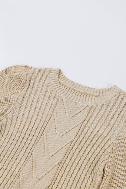 Apricot Cable Ribbed Knit Mix Pattern Puff Sleeve Sweater - L & M Kee, LLC