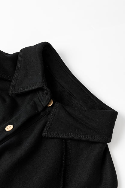 Black Waffle Knit Patchwork Exposed Seam Loose Shacket