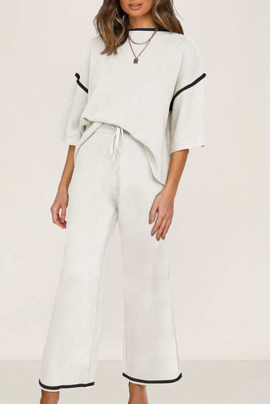 White Contrast Trim Half Sleeve Top Drawstring Pants Loose 2pcs Sweater Suit