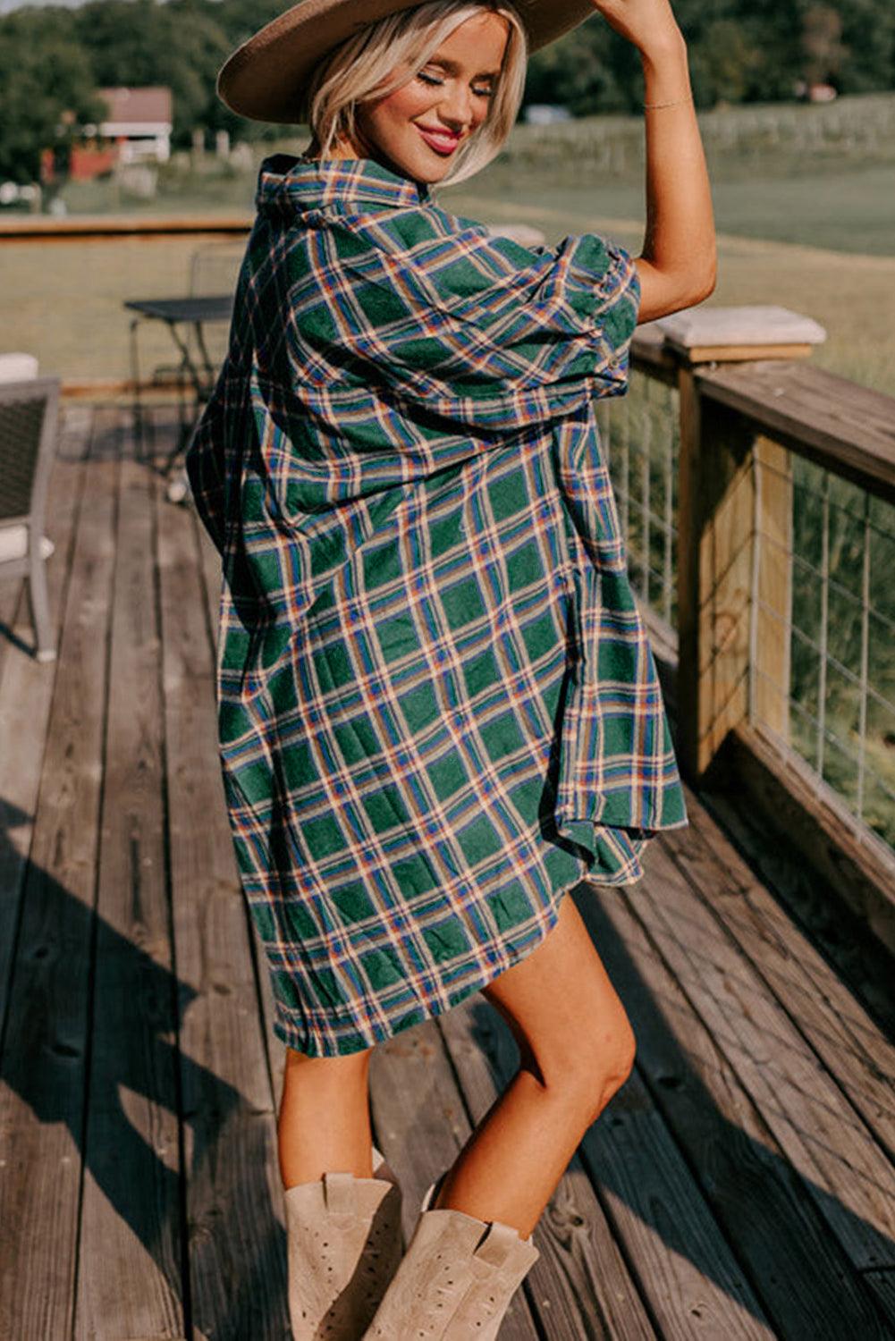 Green Oversized Plaid Half Sleeve Tunic Shirt - L & M Kee, LLC