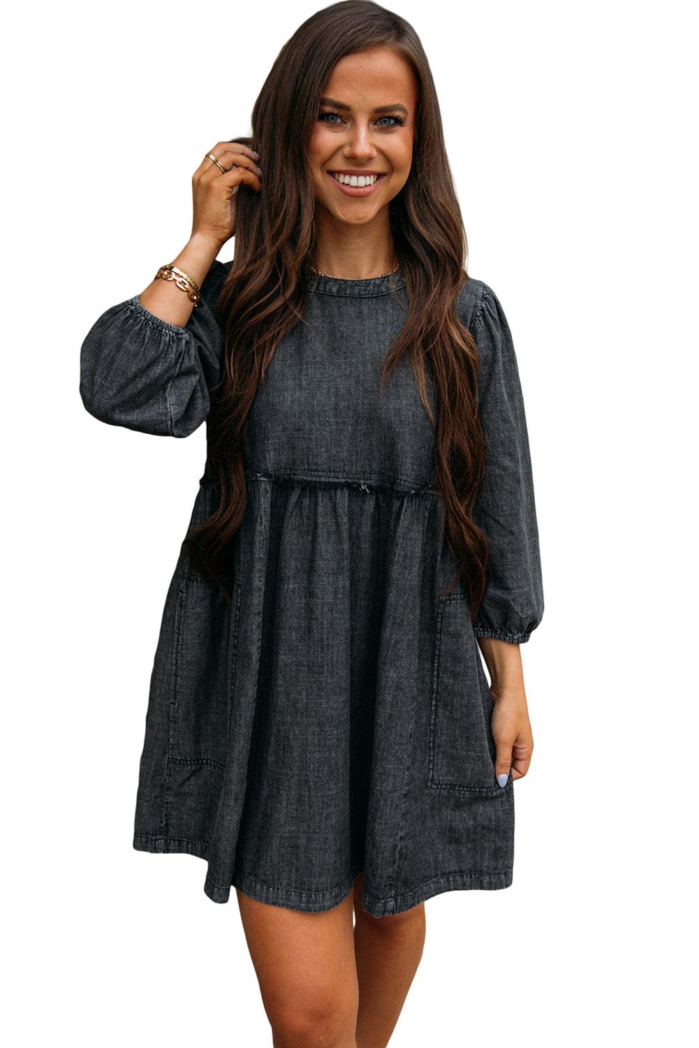 Black Balloon Sleeve High Waist Denim Dress - L & M Kee, LLC