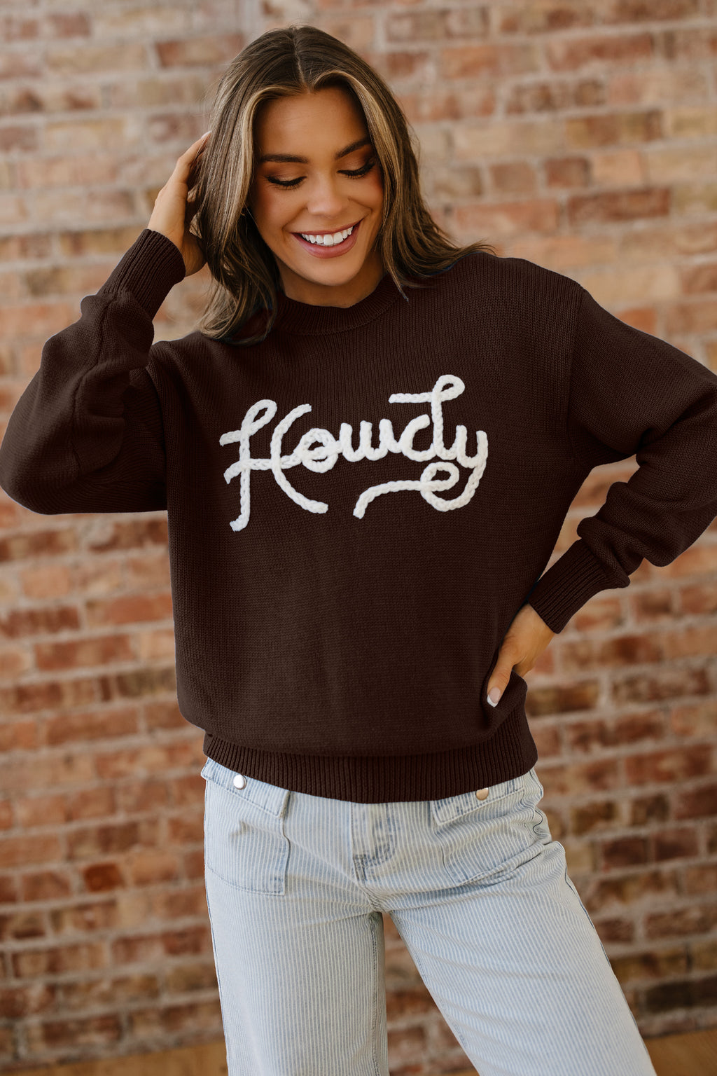 Chicory Coffee Howdy Embroidered Graphic Western Sweater