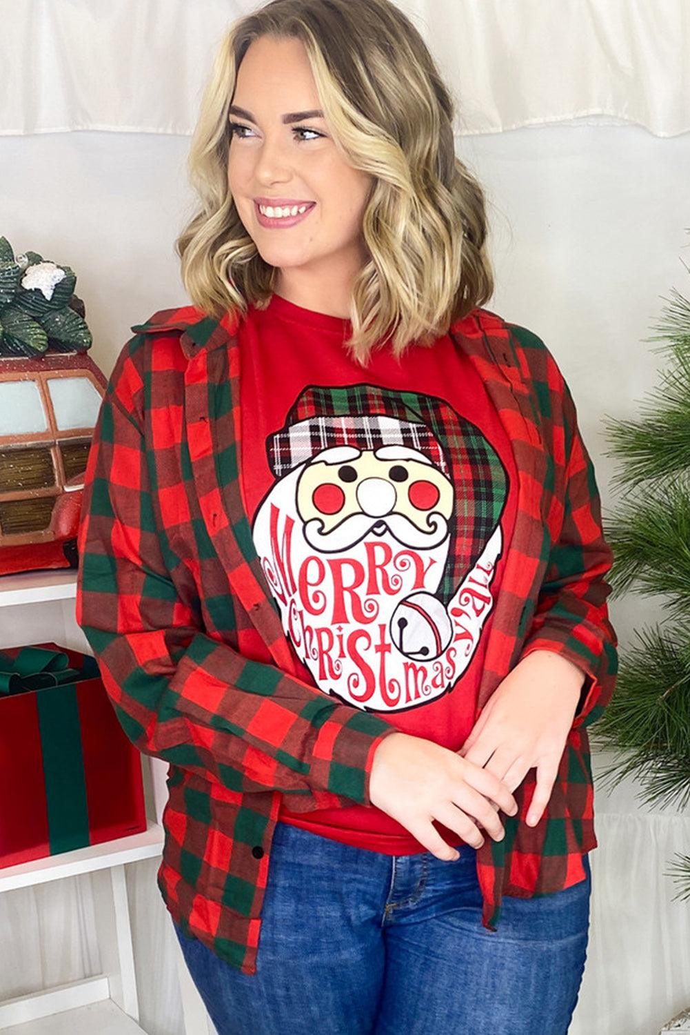 Red Santa Clause Graphic Crew Neck Christmas T Shirt - L & M Kee, LLC