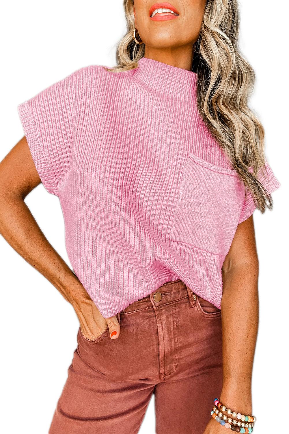 Pink Patch Pocket Ribbed Knit Short Sleeve Sweater - L & M Kee, LLC