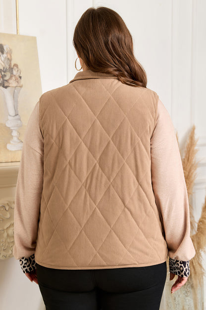 Camel Plus Size Quilted Cord Snap Button Vest Jacket