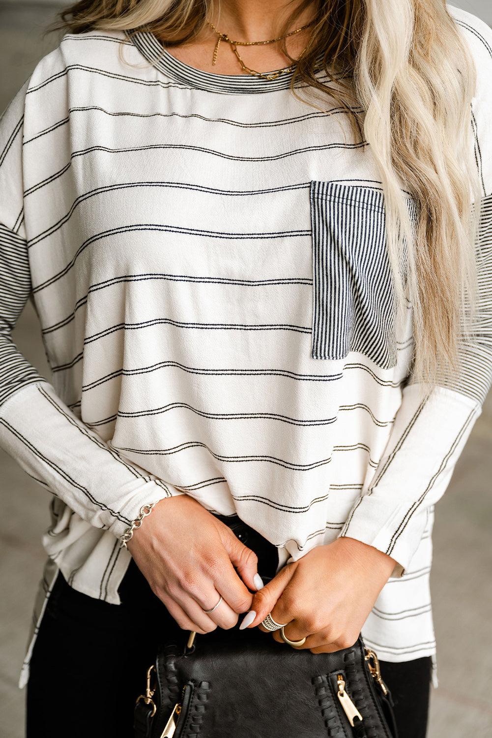 Stripe Patchwork High Low Side Slits Long Sleeve Top - L & M Kee, LLC