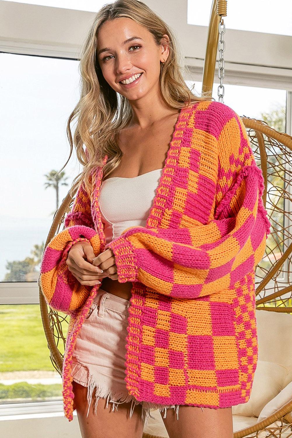 Multicolor Open Front Mixed Checkered Pattern Knit Cardigan - L & M Kee, LLC