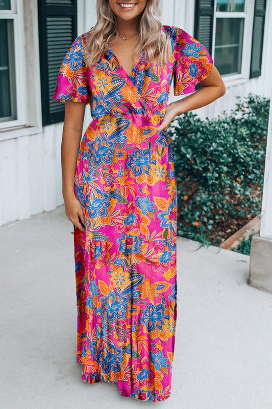 Rose Wrap V Neck Floral Maxi Dress - L & M Kee, LLC