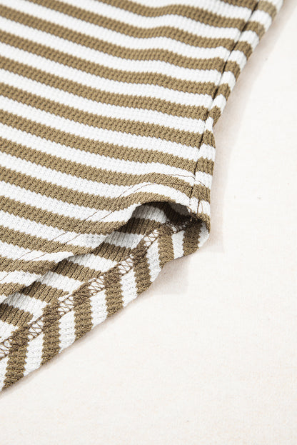 Khaki Stripe Thermal Knit Drop Shoulder Casual Top