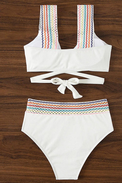 White Ricrac Trim Crossover Ribbed High Waist Bikini - L & M Kee, LLC