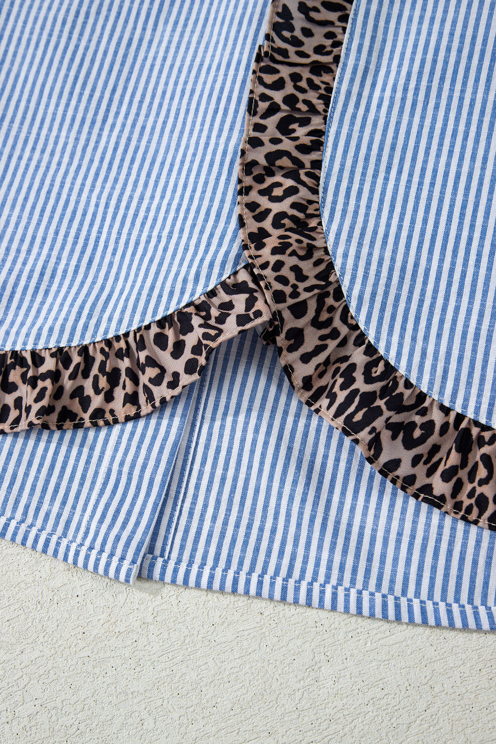 Sky Blue Stripe Contrast Frilled Leopard Trim Casual Long Sleeve Shirt