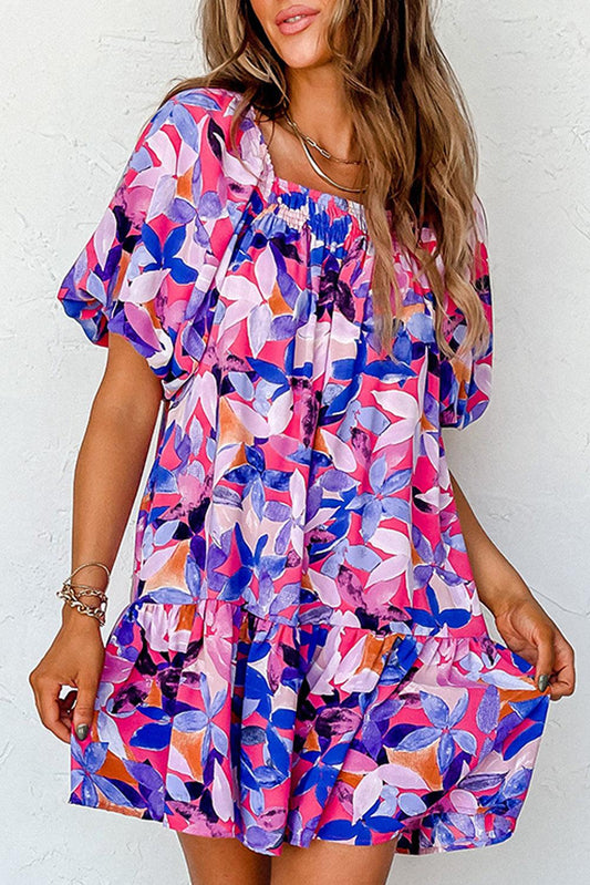 Purple Flower Print Short Puff Sleeve Ruffled Dress - L & M Kee, LLC