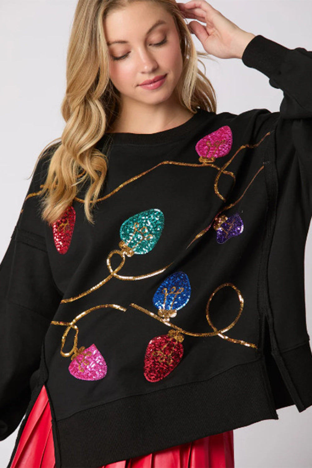 Black Bright Christmas Lights Printed Oversized Sweatshirt