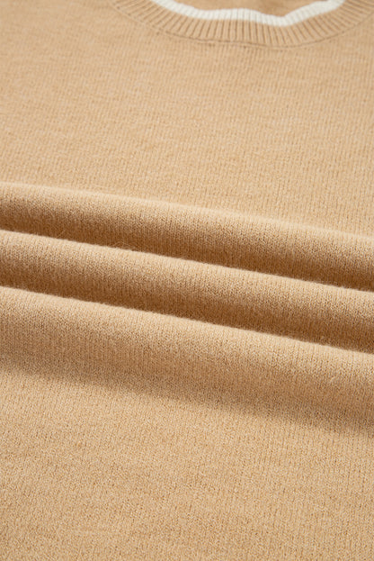 Tan Leopard Bow Decor Split Cuff Contrast Trim Sweater