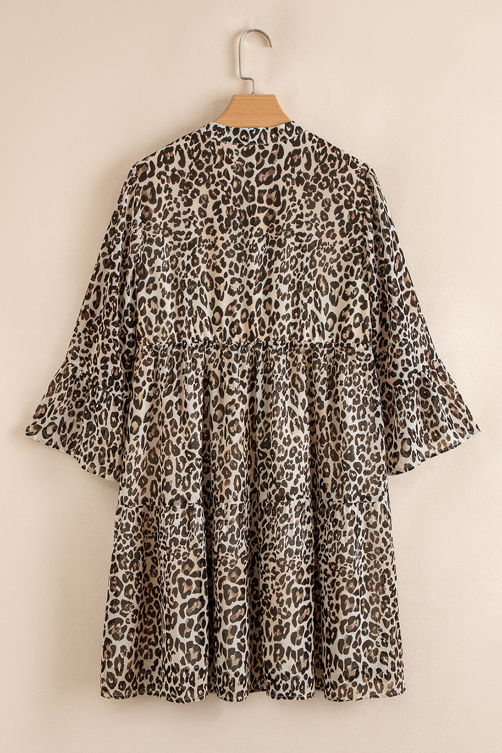 Khaki Leopard 3/4 Sleeve V Neck Swing Dress