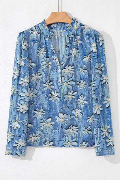 Sky Blue Fall Floral Half Placket Collared V Neck Blouse