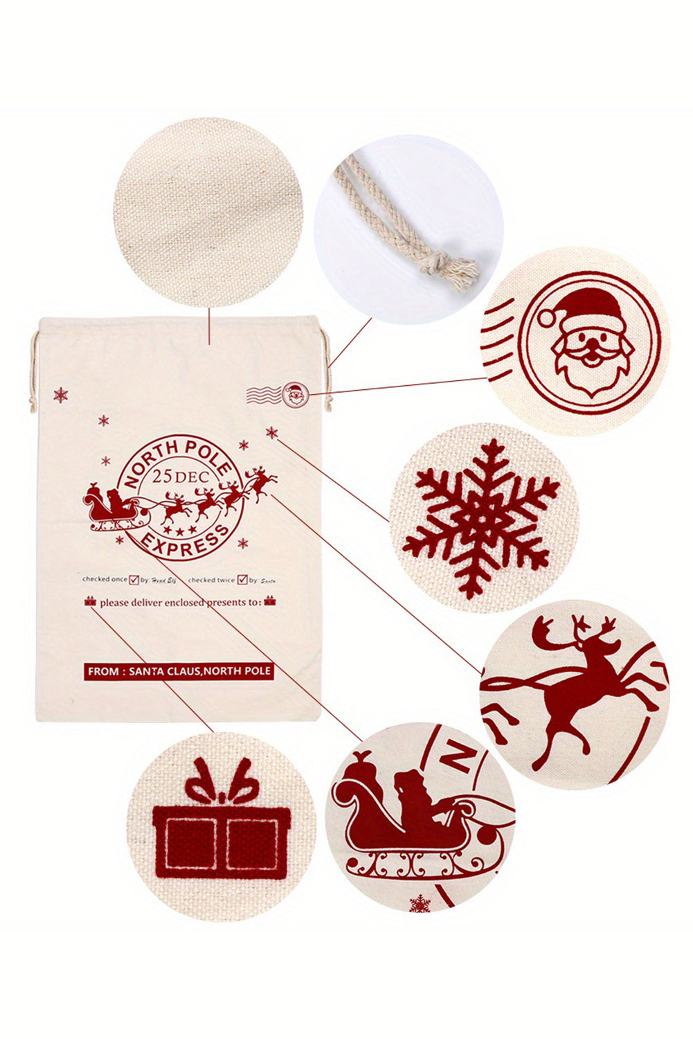 White Christmas Santa Claus Elk Letter Print Drawstring Gift Sack Bag