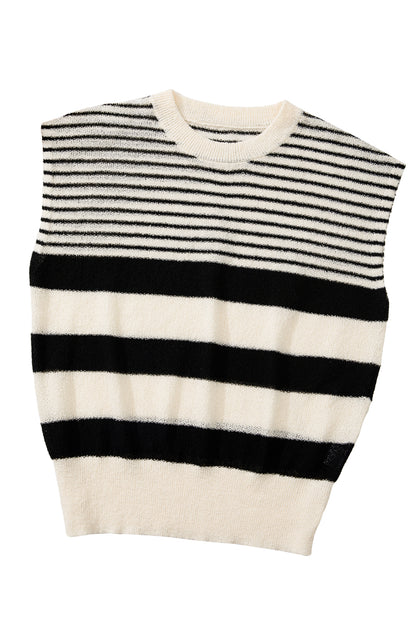 Black white Striped O Neck Sweater Vest